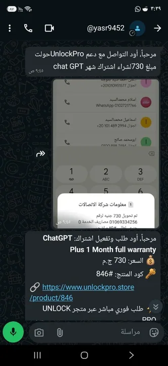 إيصال تحويل كاش 730 ج.م ومحادثة واتساب لشراء اشتراك ChatGPT Plus كود 846