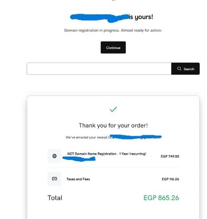 إيصال طلب رسمي من GoDaddy لتسجيل نطاق .NET لمدة سنة كاملة على الحساب الشخصي للعميل بإجمالي 865.26 ج.م.