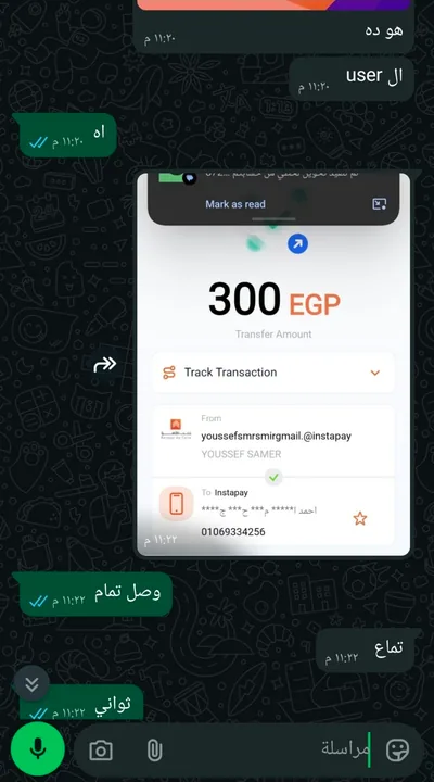إيصال تحويل 300 جنيه ومحادثة تأكيد استلام الدفع لطلب Gemini Pro. هذه الصورة وصورة تأكيد التفعيل المضافة معها تخصّان نفس العميل ونفس الطلب.