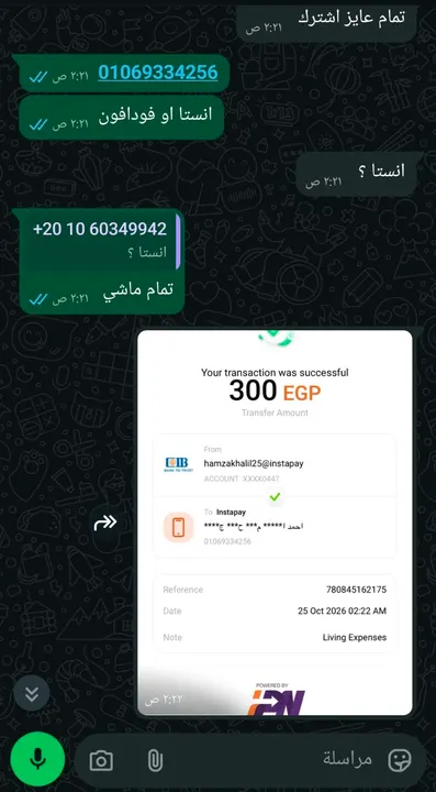 محادثة طلب عبر واتساب وإيصال تحويل 300 جنيه لطلب Gemini Pro. الصورة توثّق الدفع؛ تفاصيل الاشتراك وشروطه الحالية في صفحة المنتج.