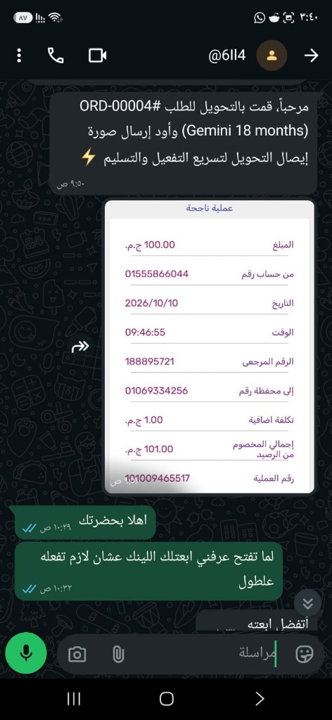 إثبات تحويل فودافون كاش طلب Gemini 18 months